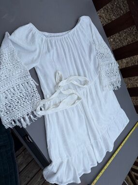 White off shoulder Crochet-tassel Sleeve Women’s Peasant Top mini Dress Tiered